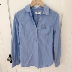 Vineyard Vines Chambray Blue Popover Pullover 1/2 Button Top Pink Gingham Size 0